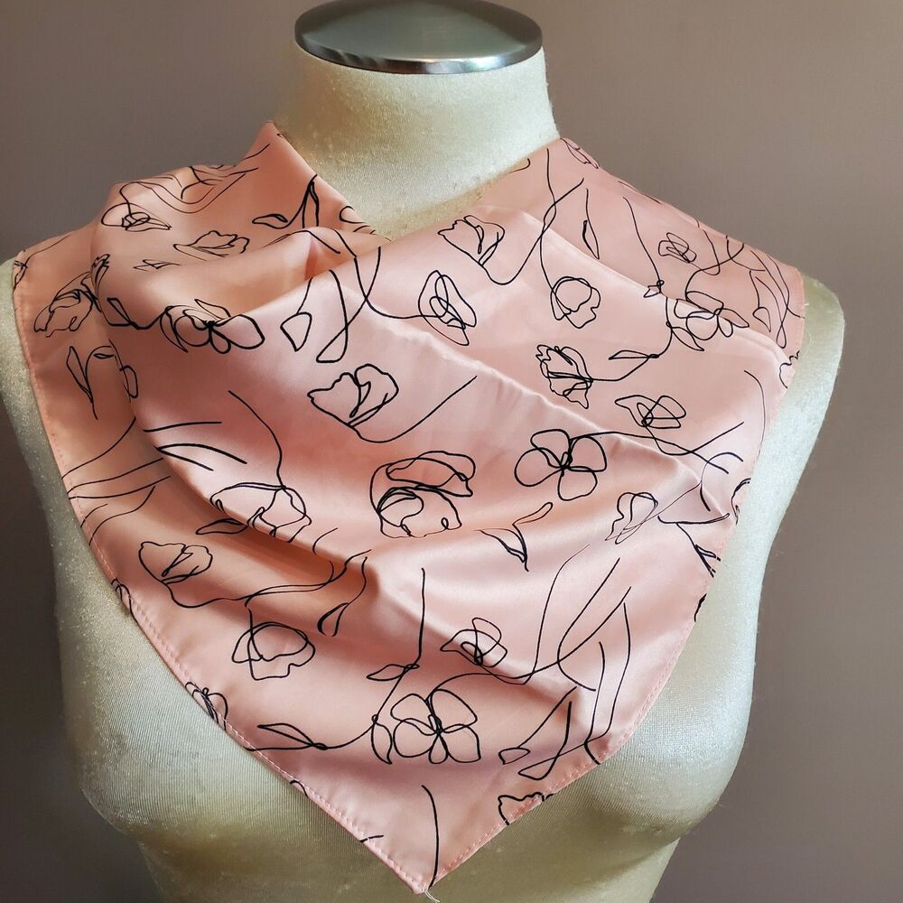 Lark & Ives Scarf Pink Black Line Art Flowers 20x20.5" Square Sateen 80s Retro